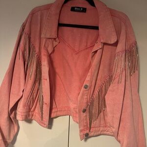 Blue B Pink Fringe Embellished Denim Jacket